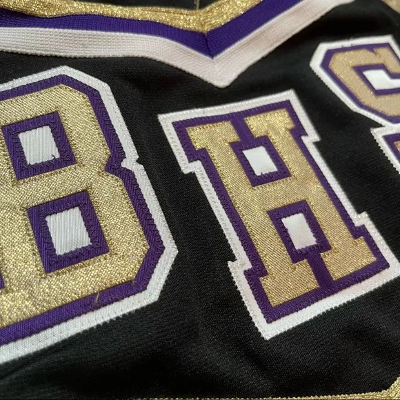 purple / gold / black / white Varsity real high school cheerleading uniform - Picture 4 of 14